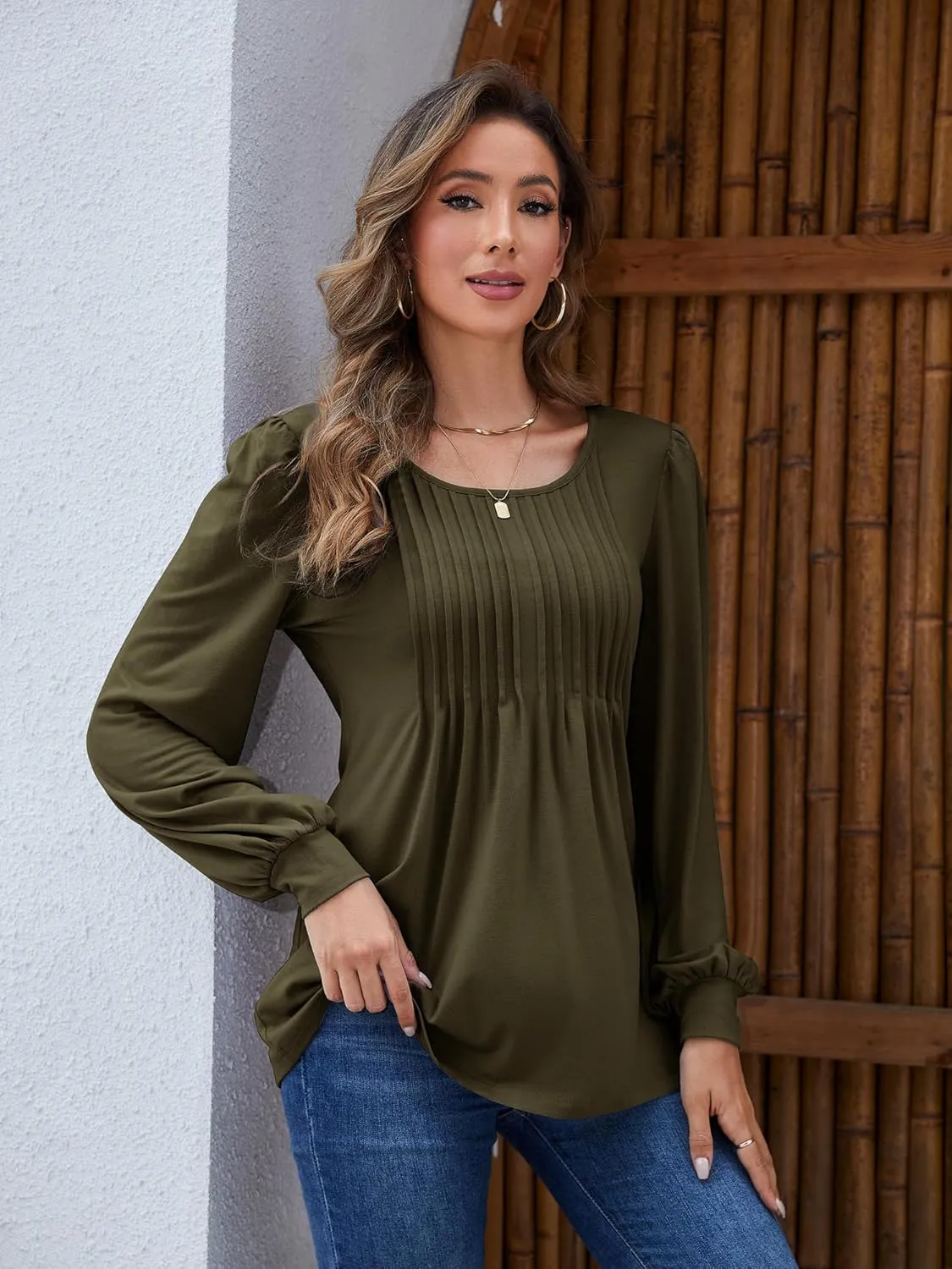 Long Sleeve Shirts For Women Fall Fashion 2025 Womens Tunic Tops Pleated Crew Neck Puff Sleeve Blouses Dressy Casual