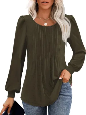 Long Sleeve Shirts For Women Fall Fashion 2025 Womens Tunic Tops Pleated Crew Neck Puff Sleeve Blouses Dressy Casual