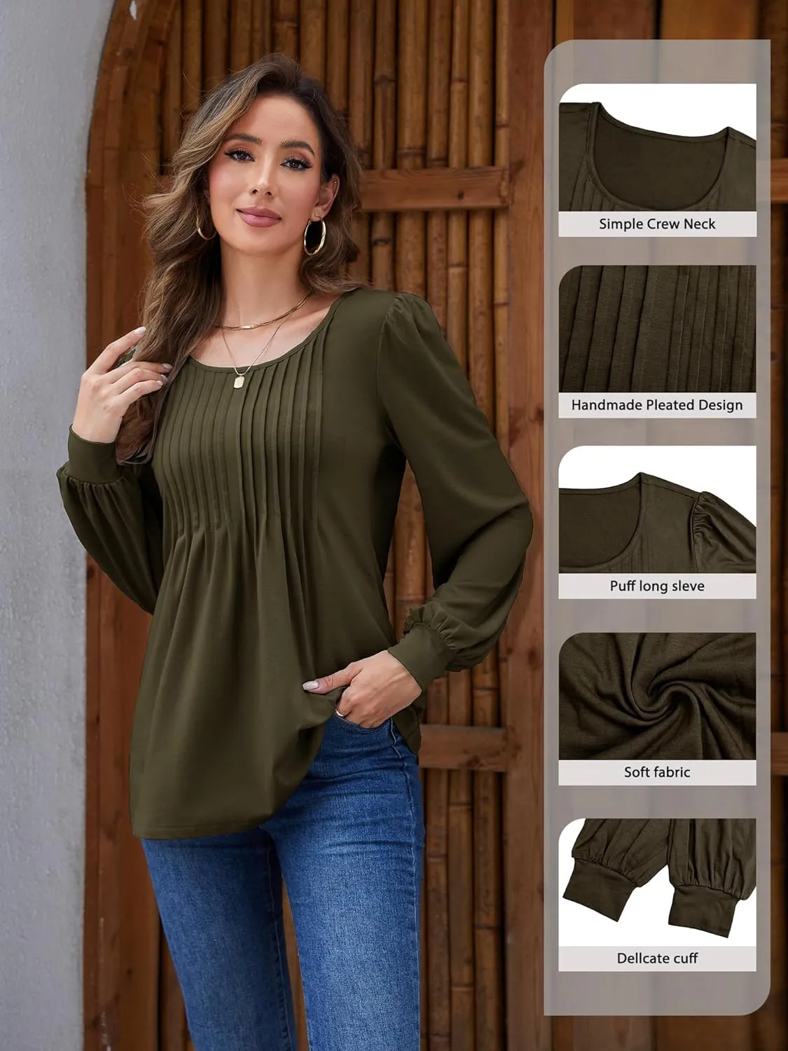 Long Sleeve Shirts For Women Fall Fashion 2025 Womens Tunic Tops Pleated Crew Neck Puff Sleeve Blouses Dressy Casual