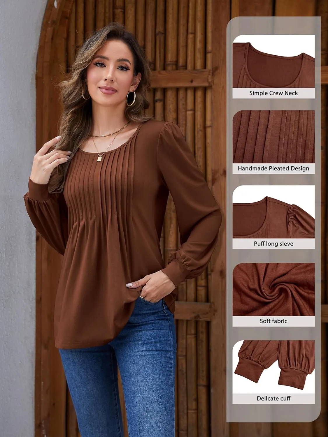 Long Sleeve Shirts For Women Fall Fashion 2025 Womens Tunic Tops Pleated Crew Neck Puff Sleeve Blouses Dressy Casual