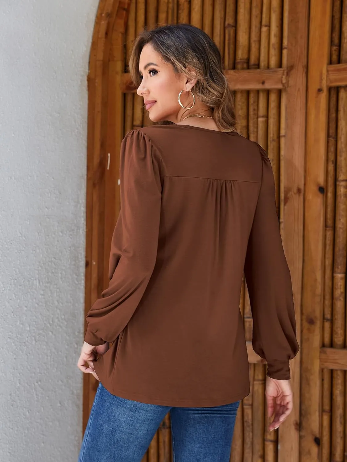 Long Sleeve Shirts For Women Fall Fashion 2025 Womens Tunic Tops Pleated Crew Neck Puff Sleeve Blouses Dressy Casual