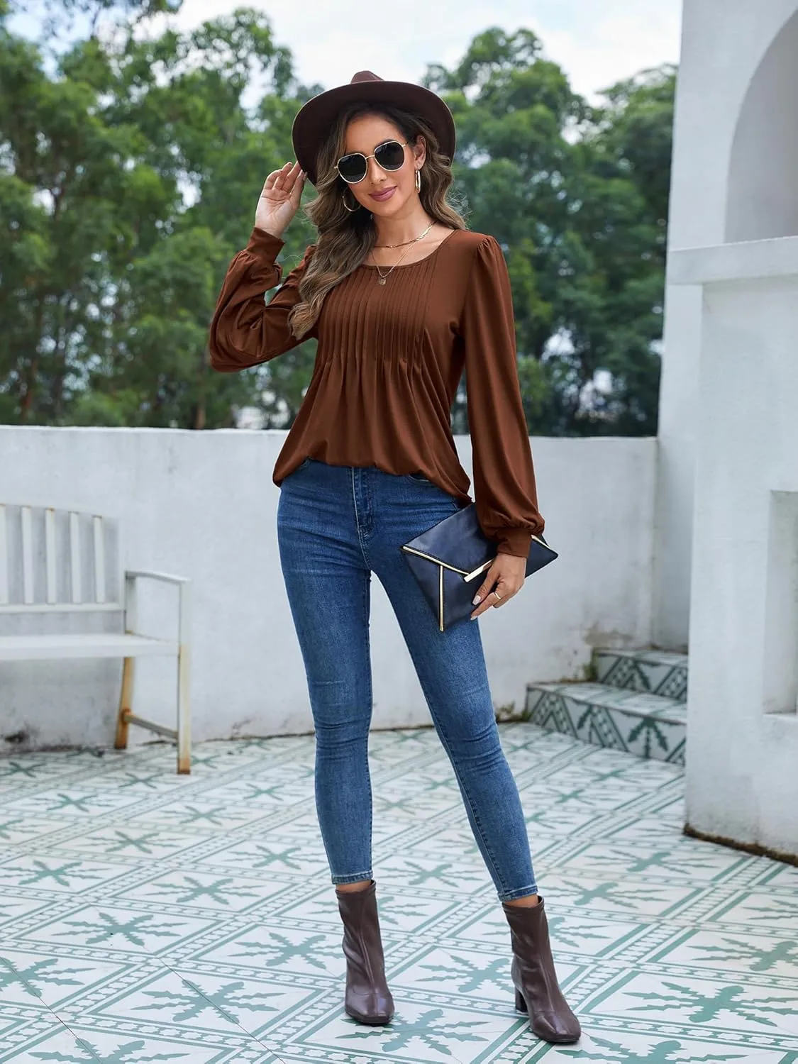 Long Sleeve Shirts For Women Fall Fashion 2025 Womens Tunic Tops Pleated Crew Neck Puff Sleeve Blouses Dressy Casual