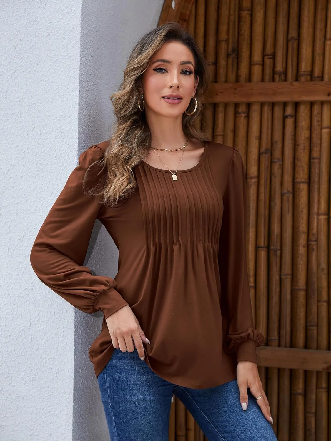 Long Sleeve Shirts For Women Fall Fashion 2025 Womens Tunic Tops Pleated Crew Neck Puff Sleeve Blouses Dressy Casual
