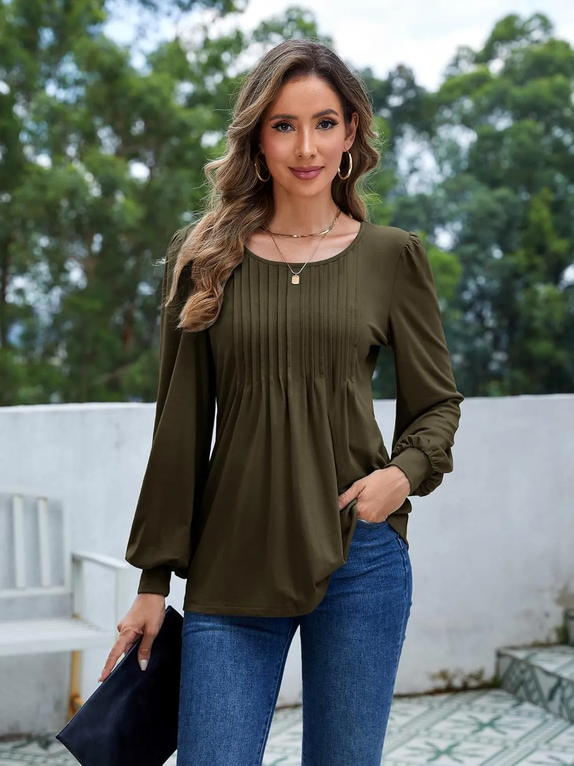 Long Sleeve Shirts For Women Fall Fashion 2025 Womens Tunic Tops Pleated Crew Neck Puff Sleeve Blouses Dressy Casual