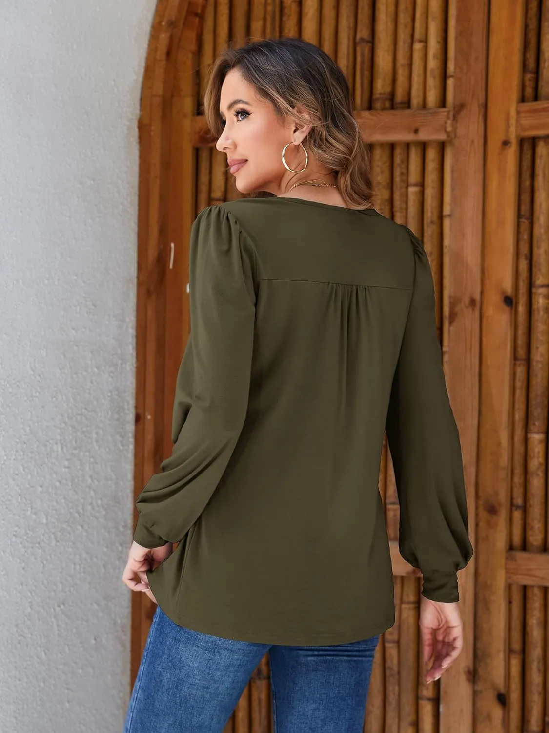 Long Sleeve Shirts For Women Fall Fashion 2025 Womens Tunic Tops Pleated Crew Neck Puff Sleeve Blouses Dressy Casual