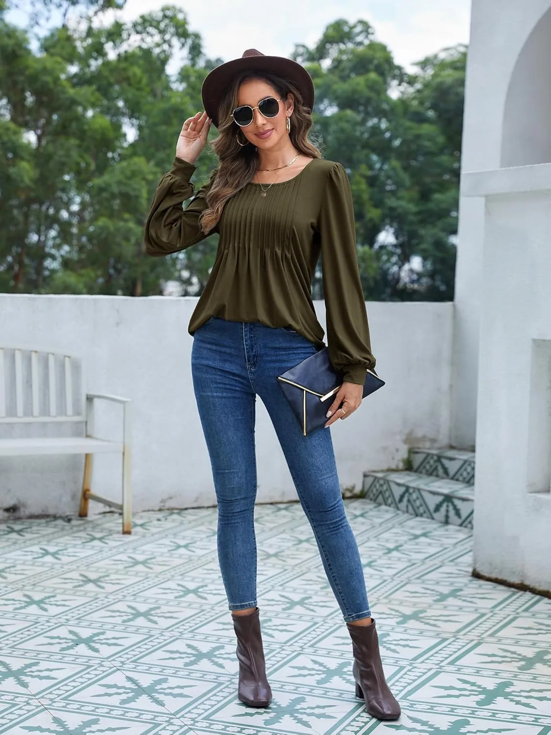 Long Sleeve Shirts For Women Fall Fashion 2025 Womens Tunic Tops Pleated Crew Neck Puff Sleeve Blouses Dressy Casual