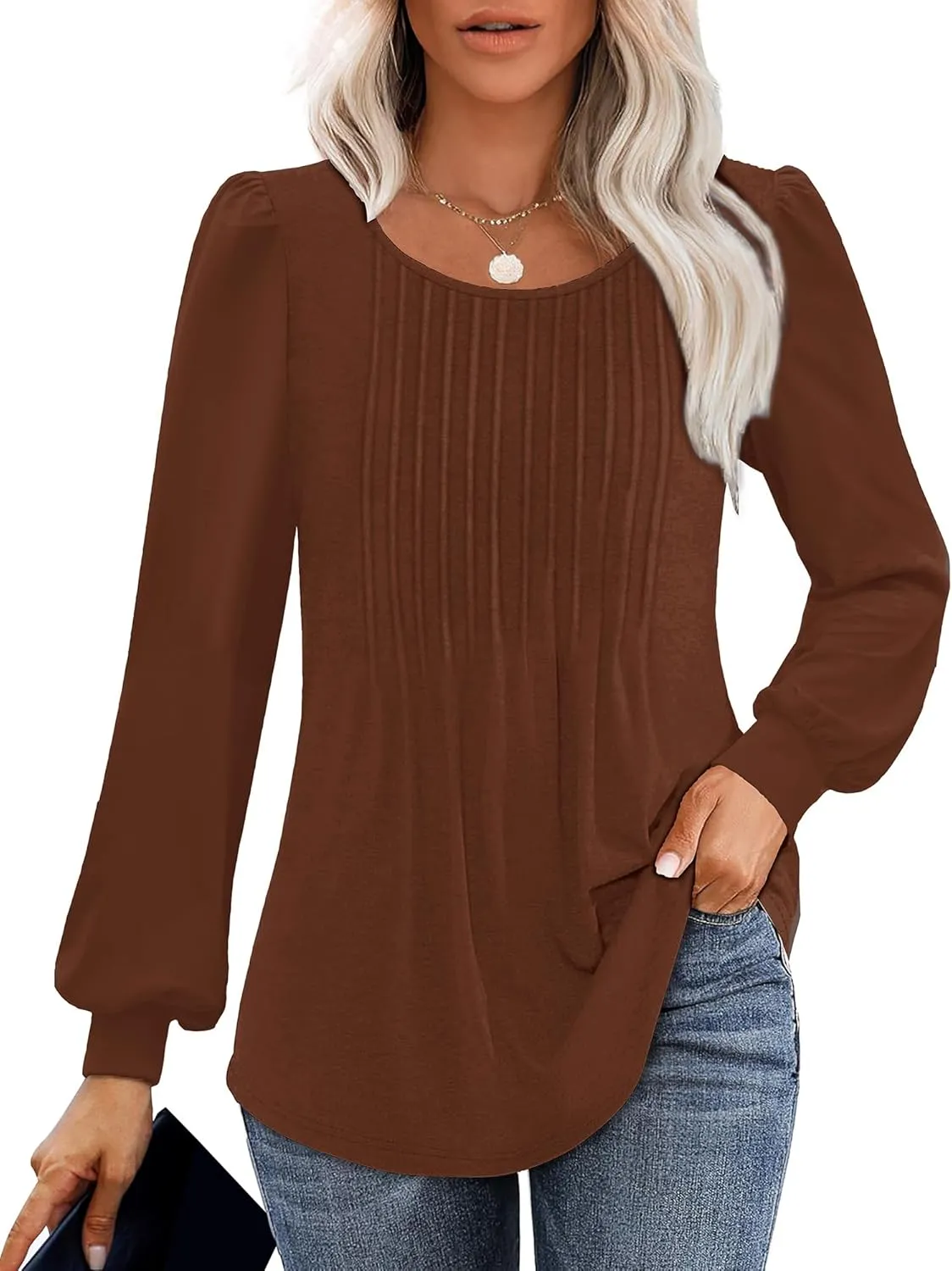 Long Sleeve Shirts For Women Fall Fashion 2025 Womens Tunic Tops Pleated Crew Neck Puff Sleeve Blouses Dressy Casual