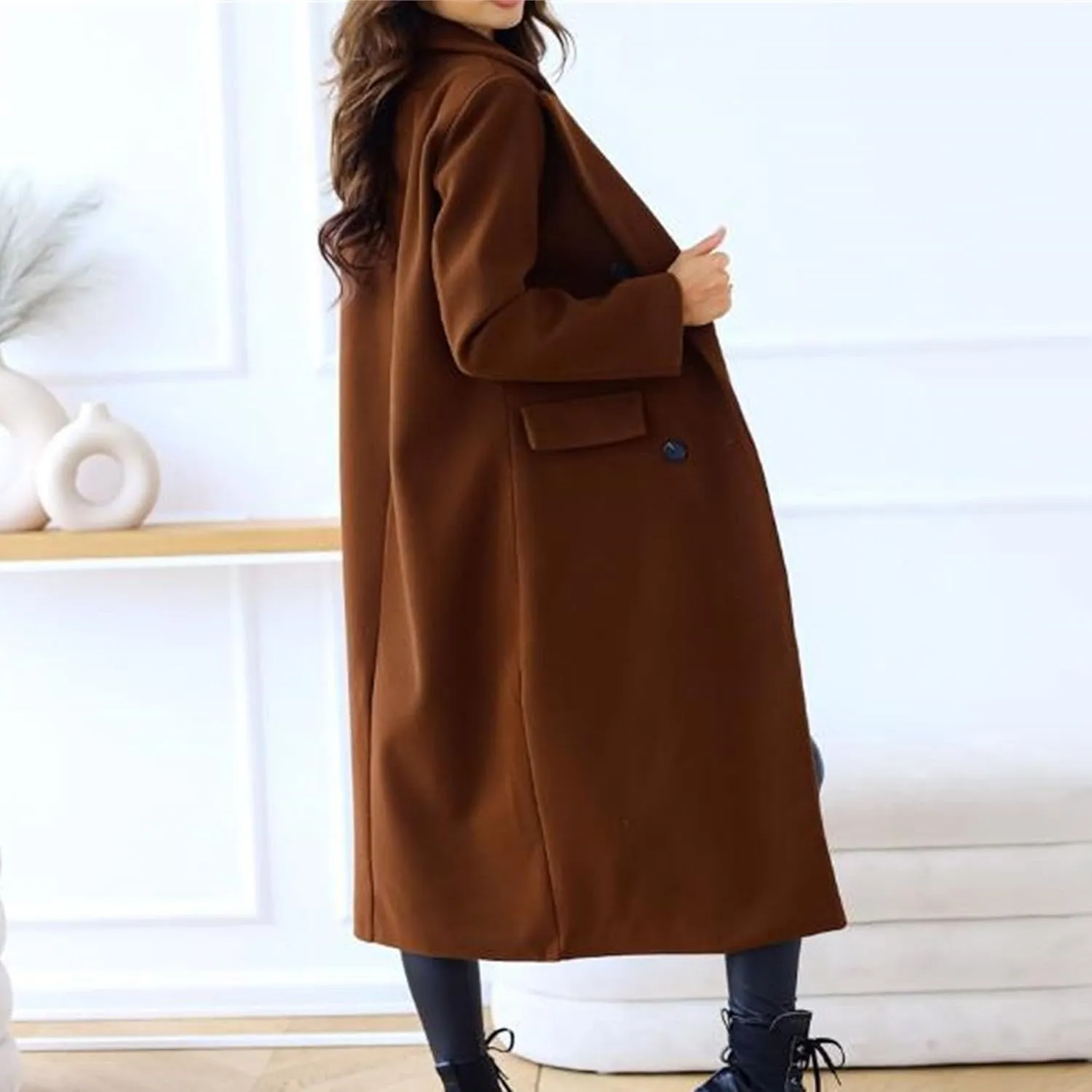 Maiyifu-GJ Wool Blend Coat for Women Notched Collar Double Breasted Trench Coat Fall Winter Elegant Long Jacket Outerwear