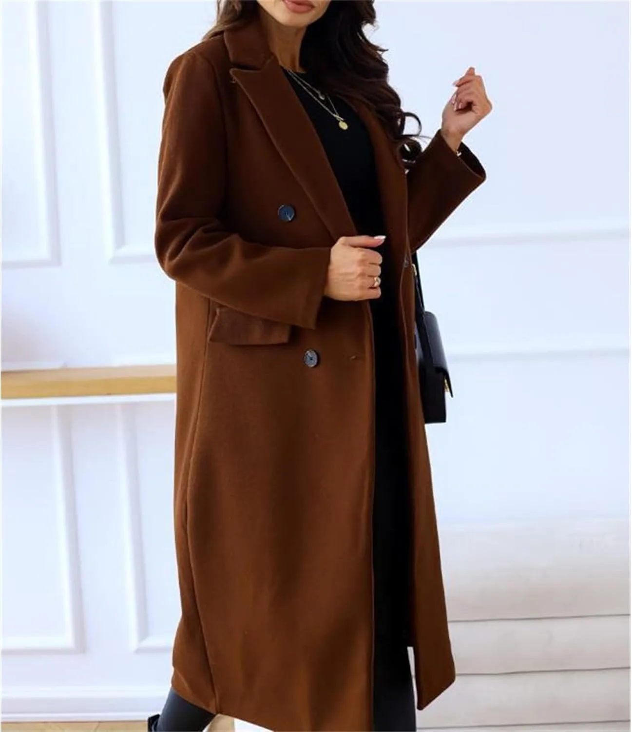 Maiyifu-GJ Wool Blend Coat for Women Notched Collar Double Breasted Trench Coat Fall Winter Elegant Long Jacket Outerwear
