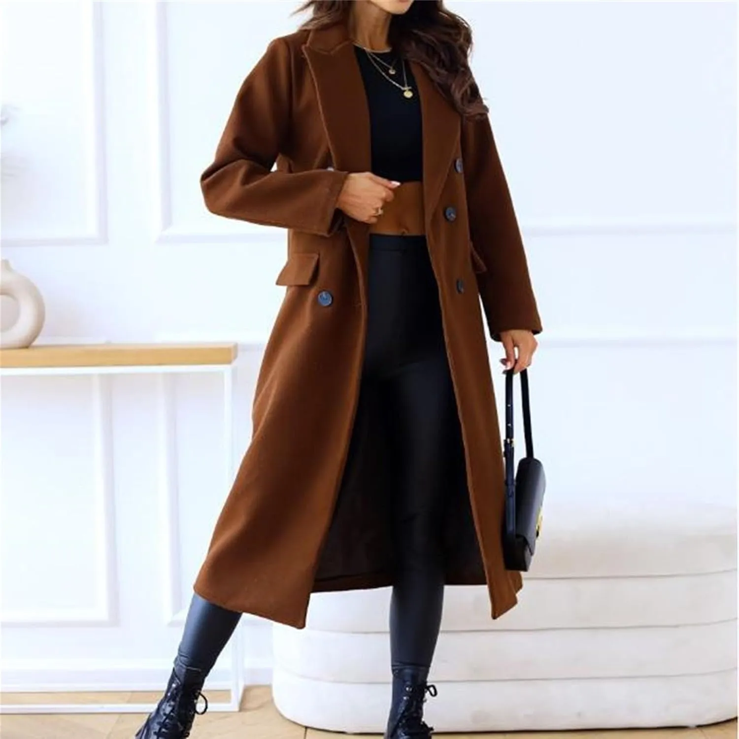 Maiyifu-GJ Wool Blend Coat for Women Notched Collar Double Breasted Trench Coat Fall Winter Elegant Long Jacket Outerwear