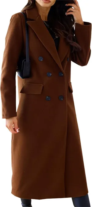 Maiyifu-GJ Wool Blend Coat for Women Notched Collar Double Breasted Trench Coat Fall Winter Elegant Long Jacket Outerwear