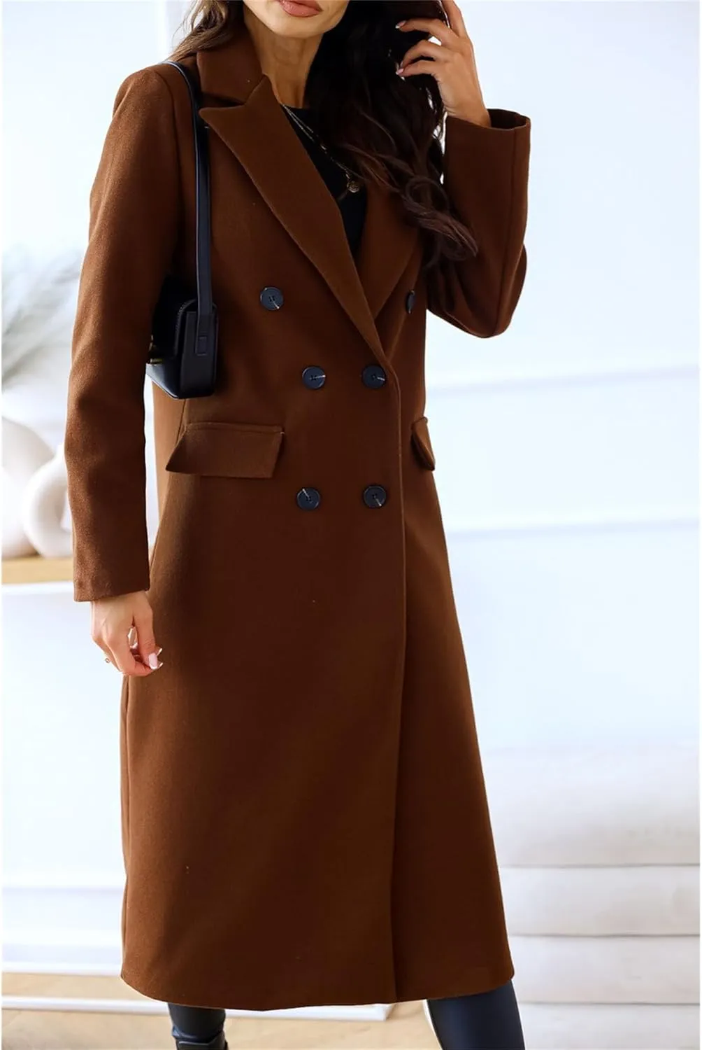 Maiyifu-GJ Wool Blend Coat for Women Notched Collar Double Breasted Trench Coat Fall Winter Elegant Long Jacket Outerwear