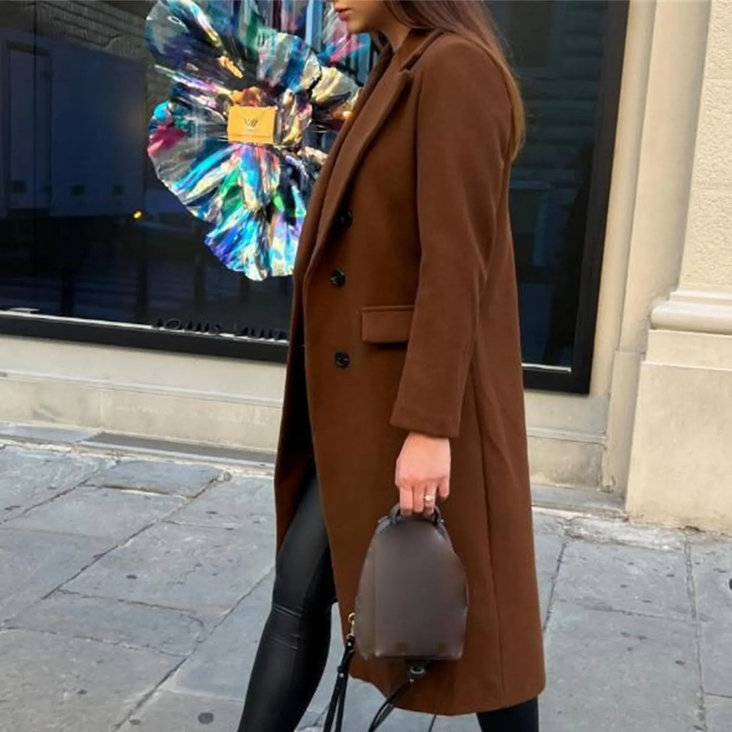 Maiyifu-GJ Wool Blend Coat for Women Notched Collar Double Breasted Trench Coat Fall Winter Elegant Long Jacket Outerwear