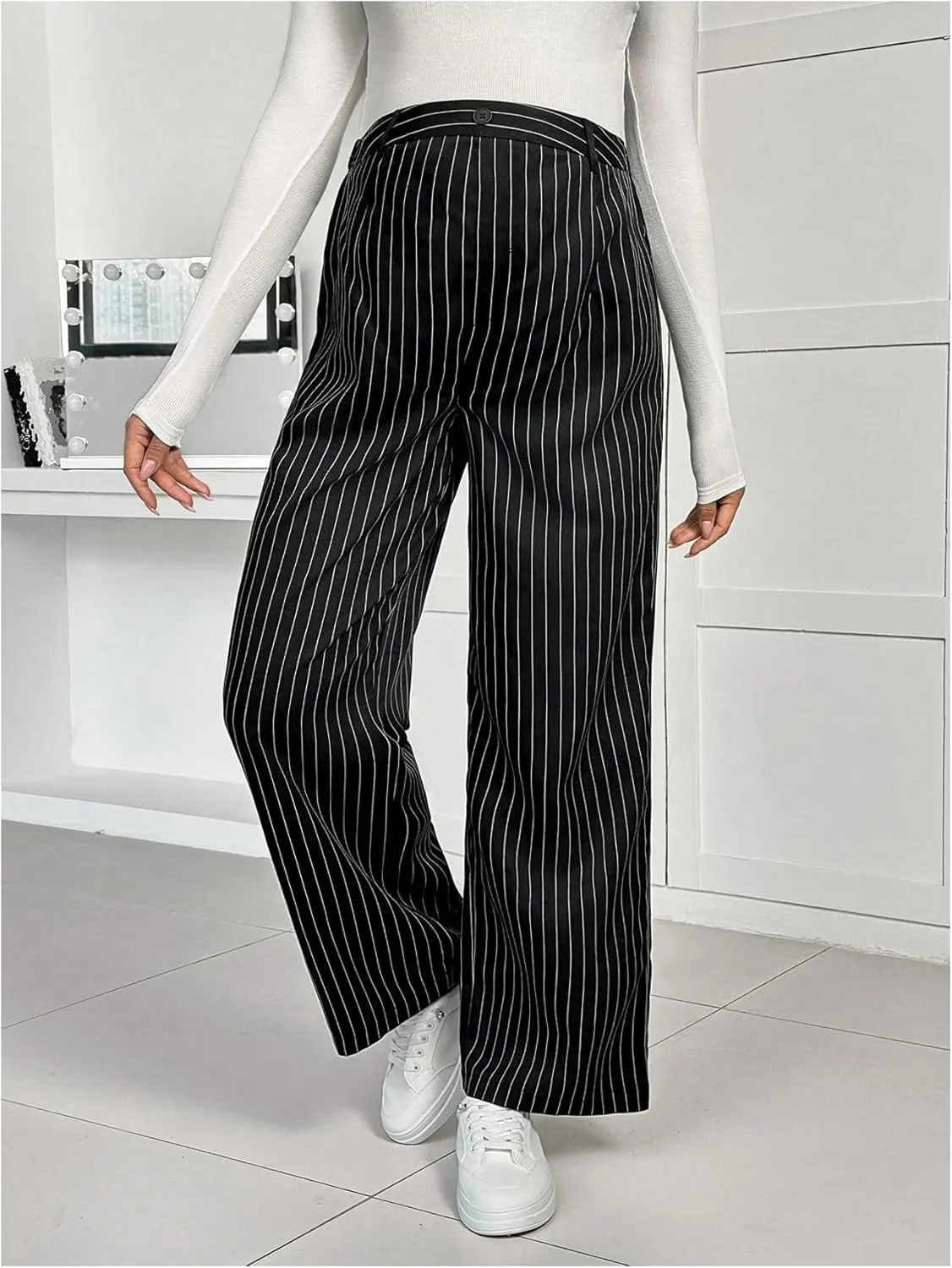 MakeMeChic Women's Maternity Pants Striped High Waist Wide Leg Pregnancy Trousers