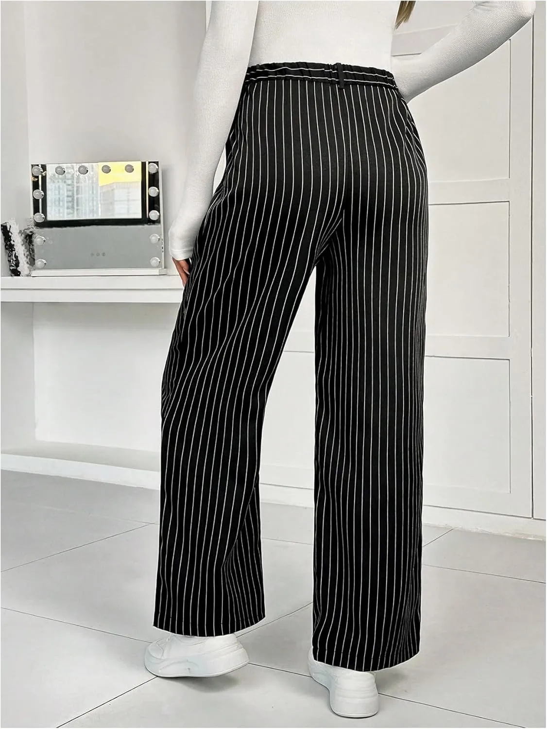 MakeMeChic Women's Maternity Pants Striped High Waist Wide Leg Pregnancy Trousers