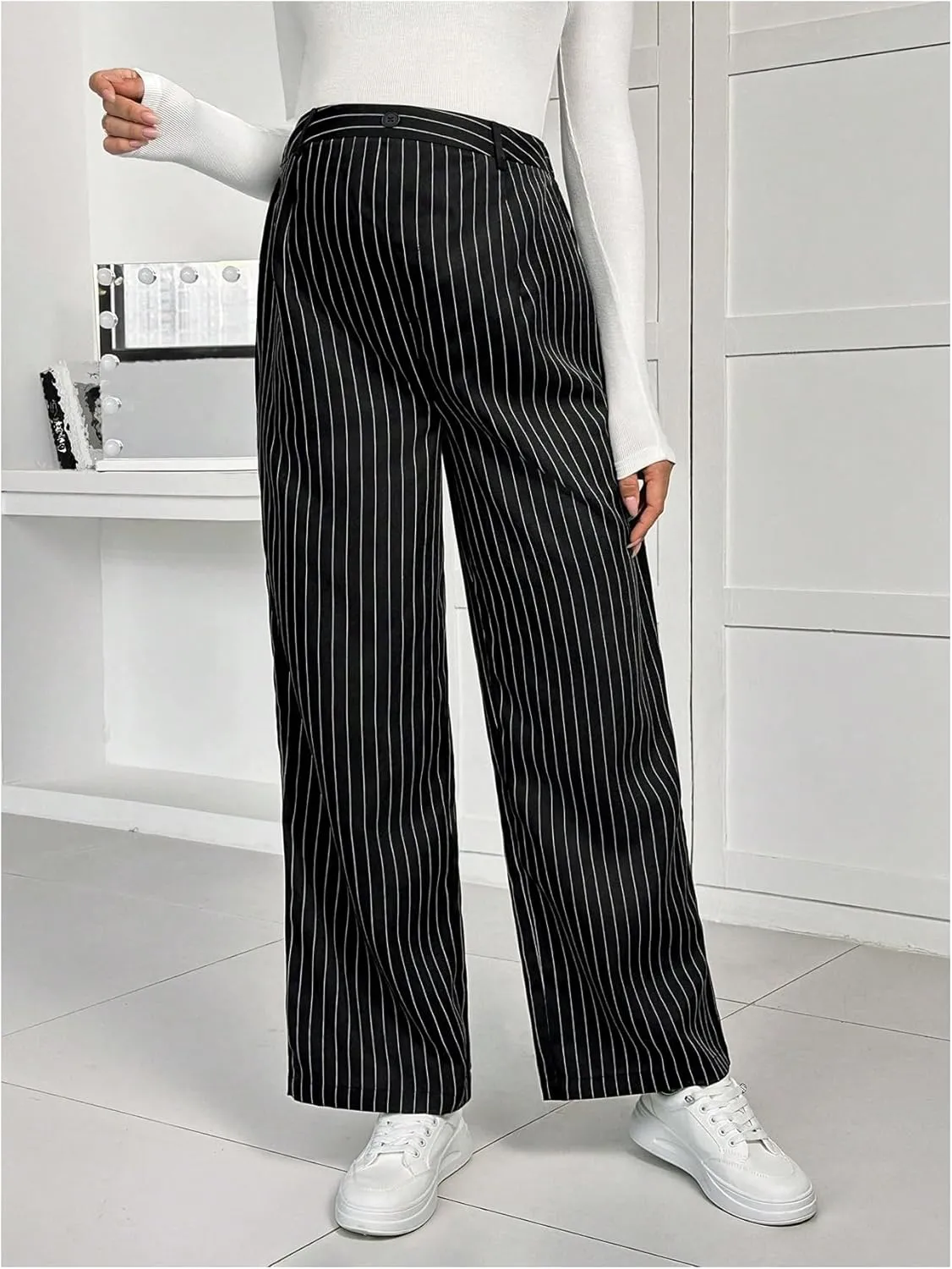 MakeMeChic Women's Maternity Pants Striped High Waist Wide Leg Pregnancy Trousers