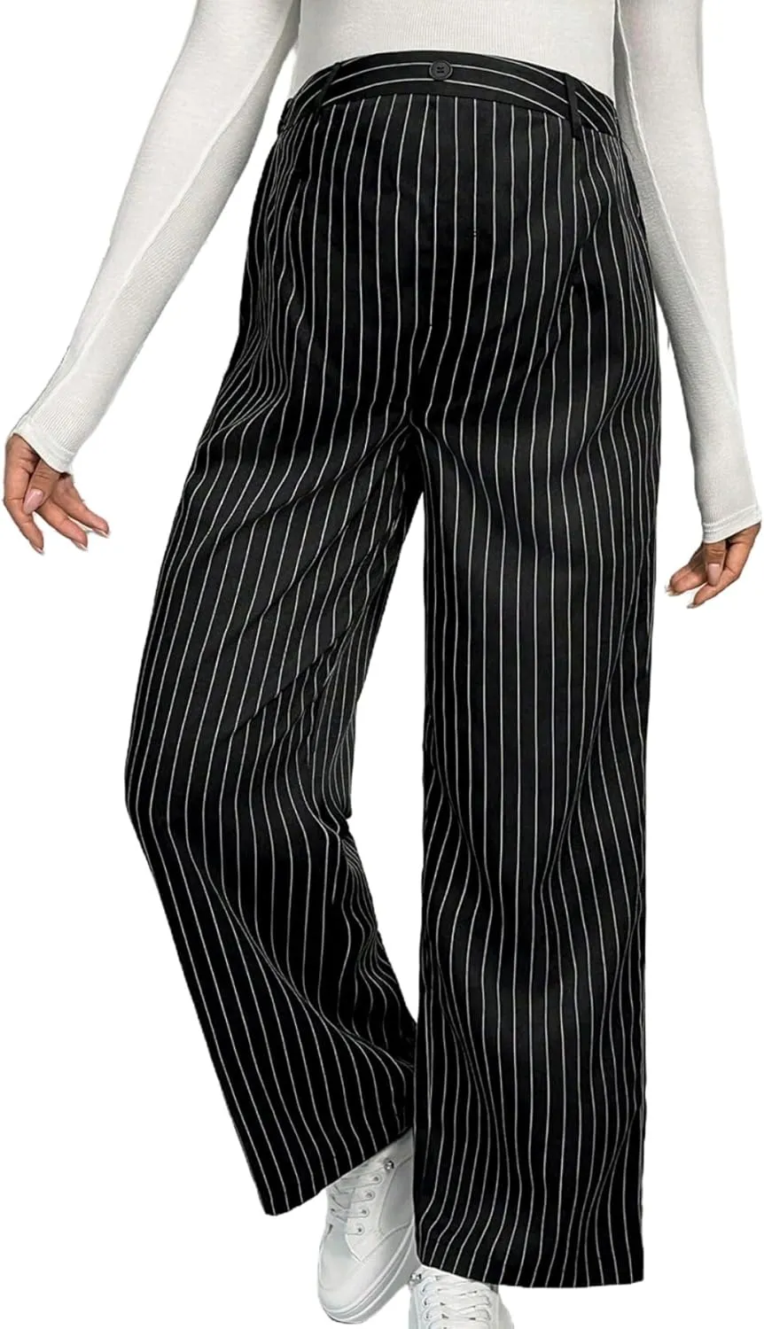 MakeMeChic Women's Maternity Pants Striped High Waist Wide Leg Pregnancy Trousers