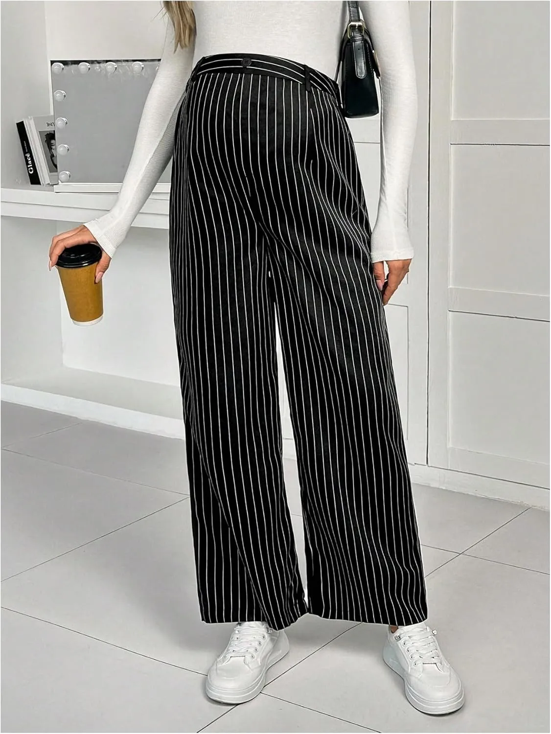 MakeMeChic Women's Maternity Pants Striped High Waist Wide Leg Pregnancy Trousers