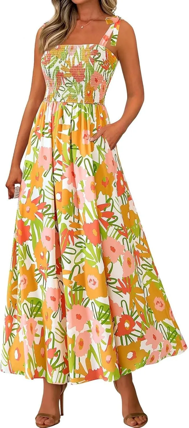 Maxi Dresses for Women 2025 Empire Waist Ruched Tie Strap Tank Dress Square Neck Sleeveless Floral Summer Sundress