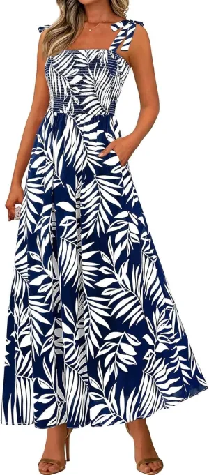 Maxi Dresses for Women 2025 Empire Waist Ruched Tie Strap Tank Dress Square Neck Sleeveless Floral Summer Sundress