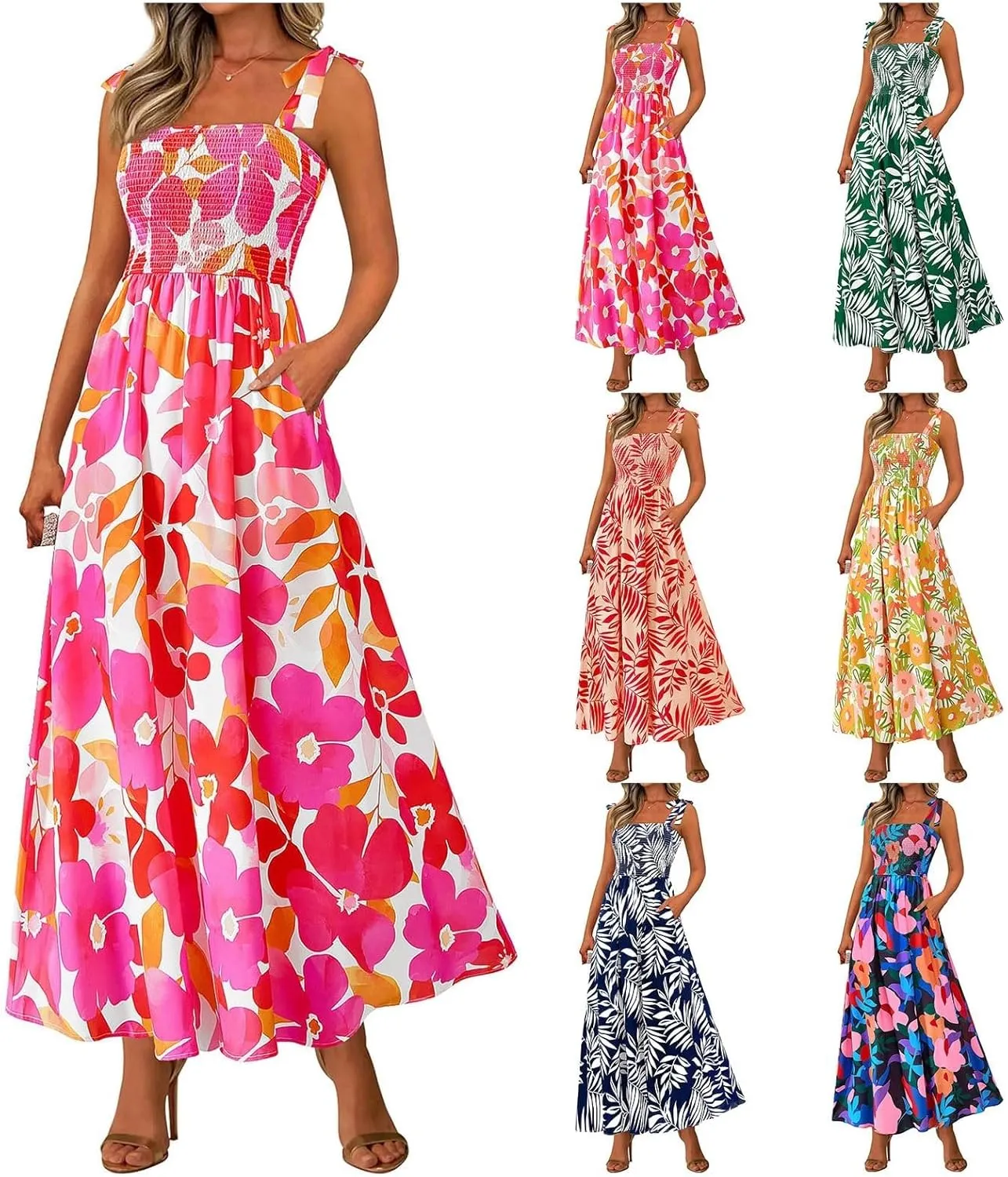 Maxi Dresses for Women 2025 Empire Waist Ruched Tie Strap Tank Dress Square Neck Sleeveless Floral Summer Sundress
