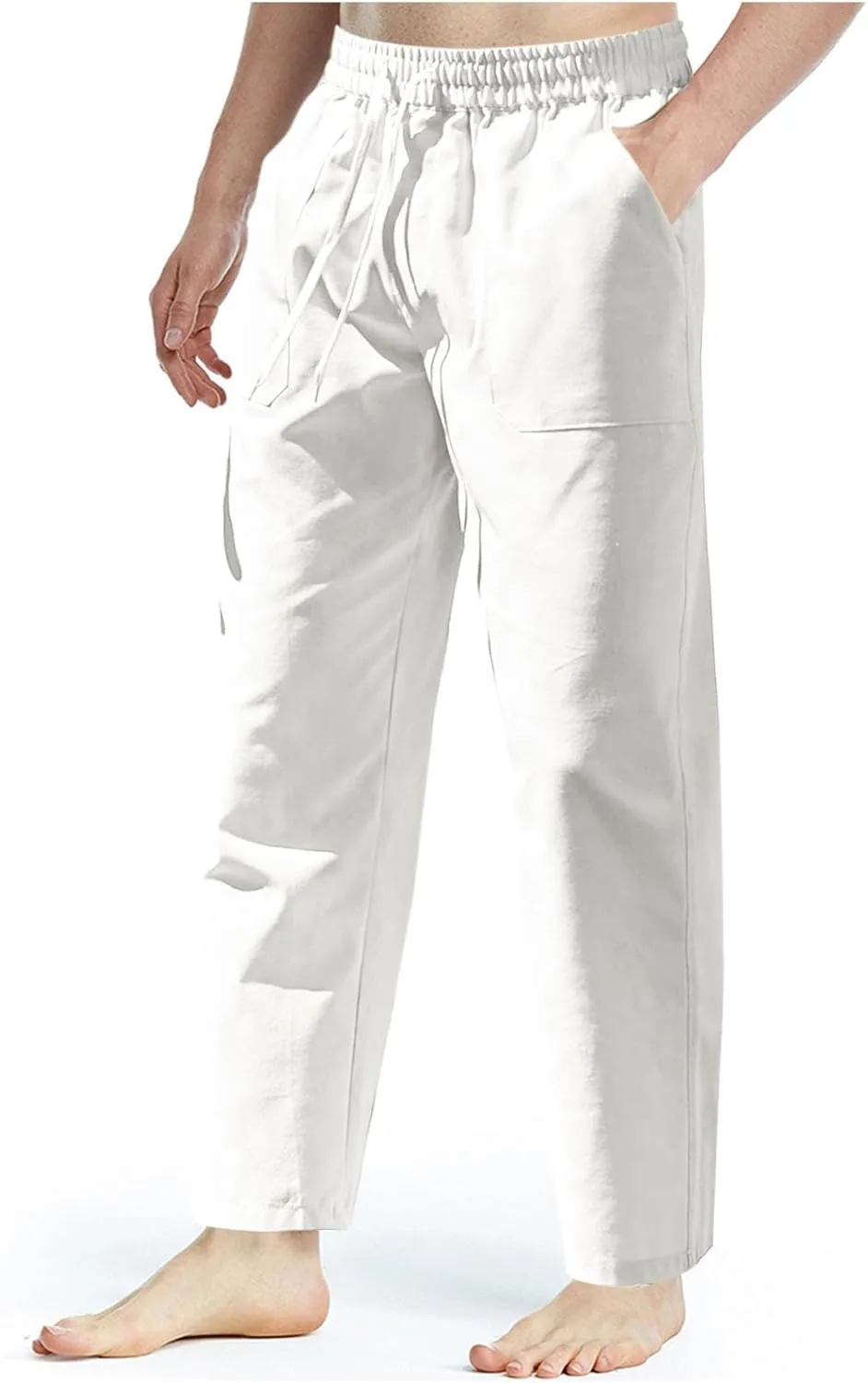 Men Linen Pants Slim Fit Straight Leg Casual Beach Pants Trendy Fashion Drawstring Trousers with Multi Pockets