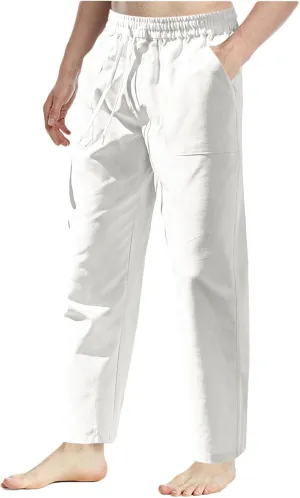 Men Linen Pants Slim Fit Straight Leg Casual Beach Pants Trendy Fashion Drawstring Trousers with Multi Pockets
