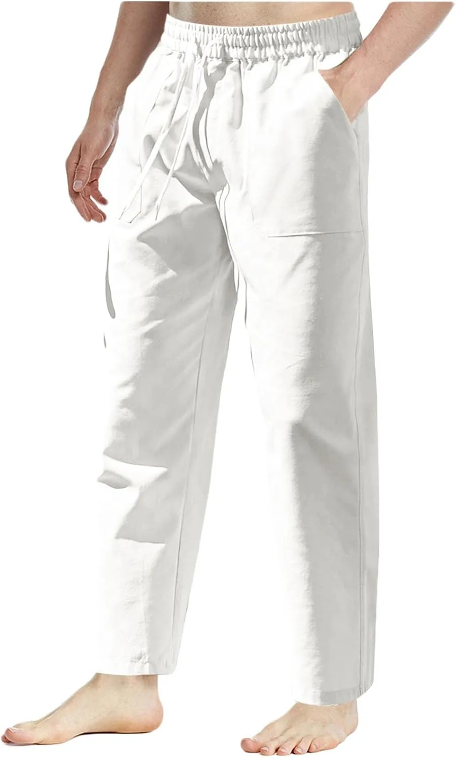 Men Linen Pants Slim Fit Straight Leg Casual Beach Pants Trendy Fashion Drawstring Trousers with Multi Pockets