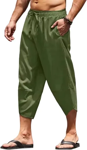 Men's Capri Pants Lightweight Casual Linen Pants Drawstring Elastic Waist with Pockets for Beach Yoga Casual Wear