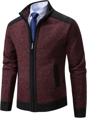 Men's Cardigan Sweaters Full Zip Up Stand Collar Slim Fit Casual Knitted Sweater with 2 Front Pockets