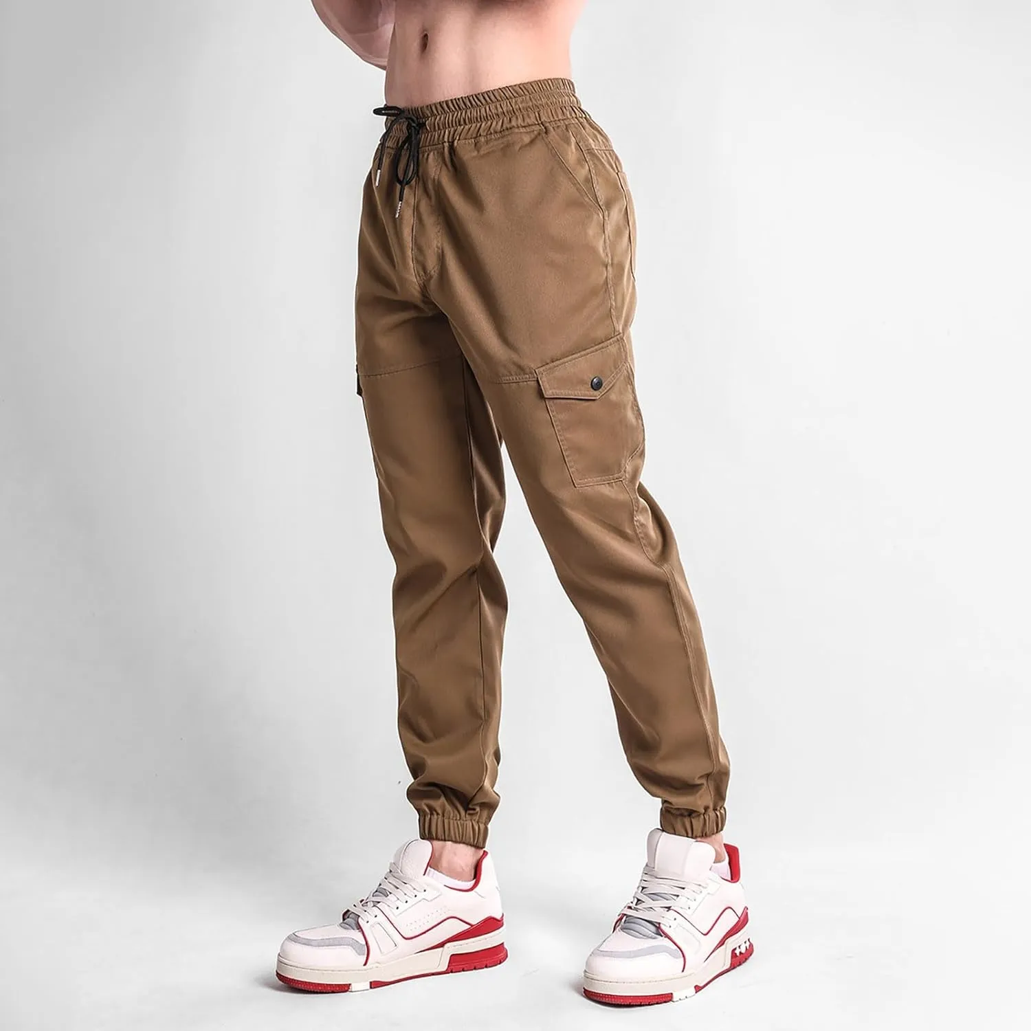Mens Cargo Pants Elastic Waist Loose Casual Sweatpants Classic Tactical Pants Multi Pockets Twill Sport Hiking Pants