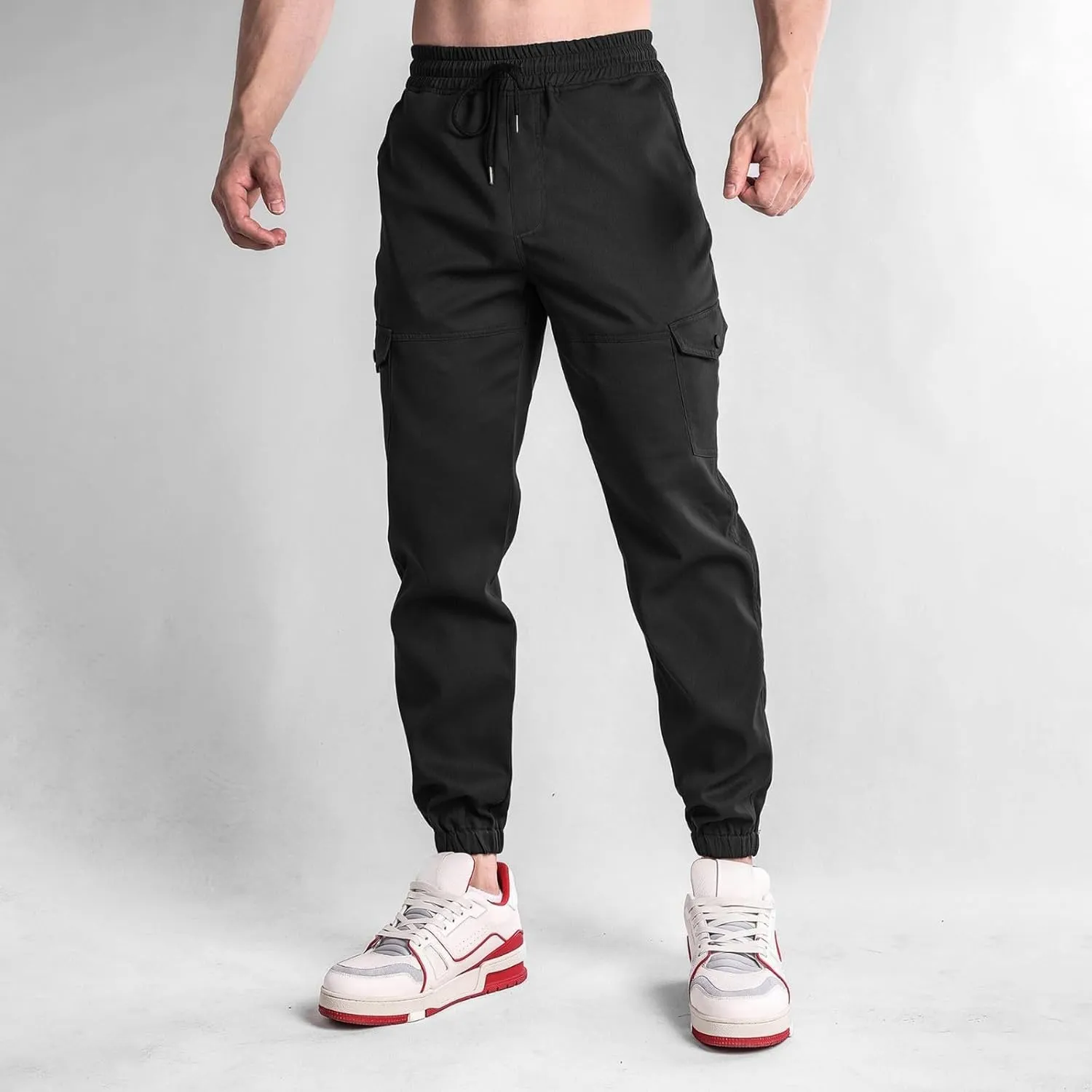 Mens Cargo Pants Elastic Waist Loose Casual Sweatpants Classic Tactical Pants Multi Pockets Twill Sport Hiking Pants