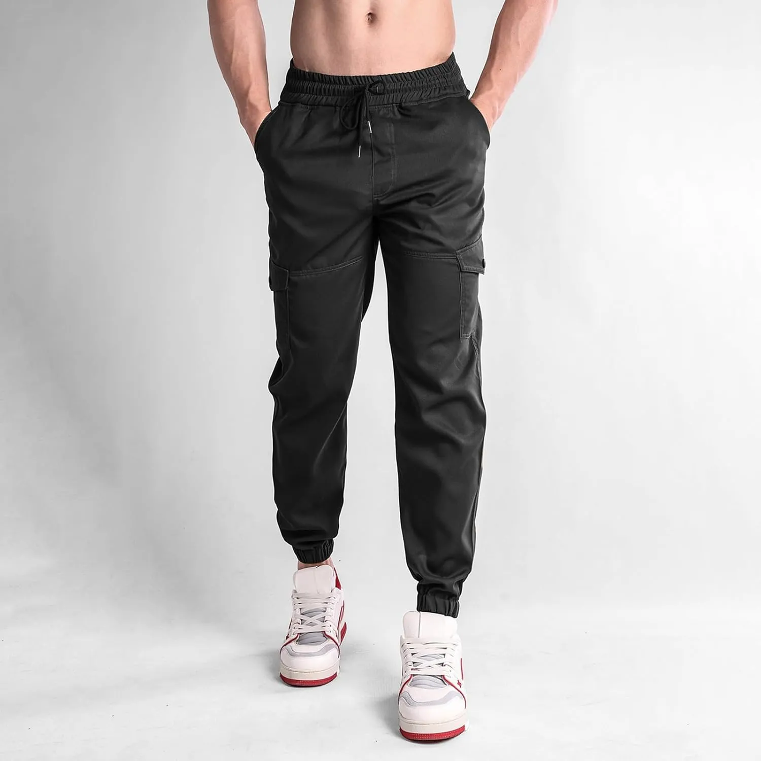 Mens Cargo Pants Elastic Waist Loose Casual Sweatpants Classic Tactical Pants Multi Pockets Twill Sport Hiking Pants