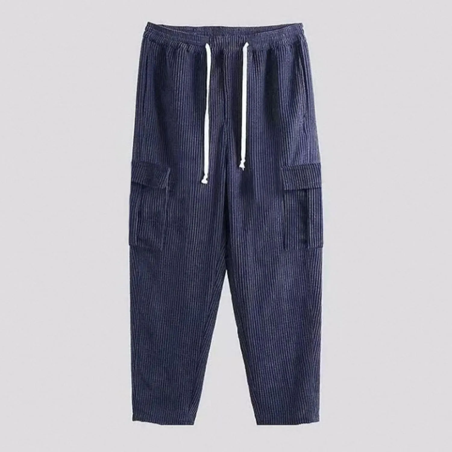 Mens Cargo Pants Straight Corduroy Drawstring Casual Trendy Lightweight Pants Training Joggers Trousers with Pockets