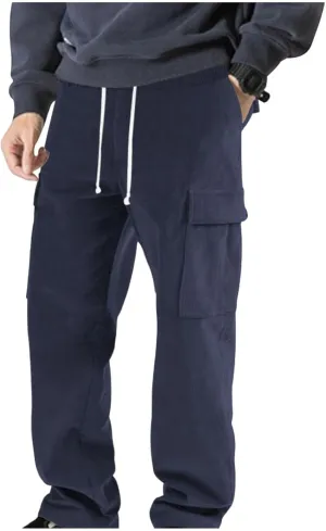 Mens Cargo Pants Straight Corduroy Drawstring Casual Trendy Lightweight Pants Training Joggers Trousers with Pockets