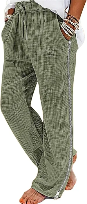 Men's Casual Linen Pants Elastic Waist Drawstring Fit Wide Leg Pants Lightweight Lounge Pants with Pockets