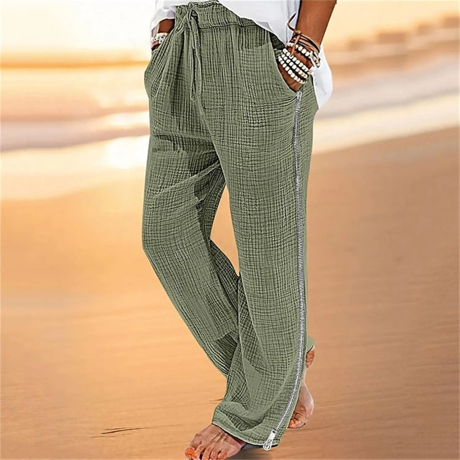 Men's Casual Linen Pants Elastic Waist Drawstring Fit Wide Leg Pants Lightweight Lounge Pants with Pockets