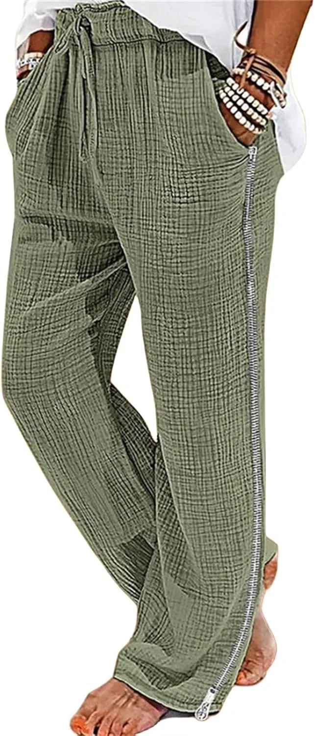Men's Casual Linen Pants Elastic Waist Drawstring Fit Wide Leg Pants Lightweight Lounge Pants with Pockets