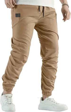 Men's Casual Pants Twill Elastic Drawstring Waist Tapered Chino Pants Cargo Work Hiking Pants Sweatpants with Pockets