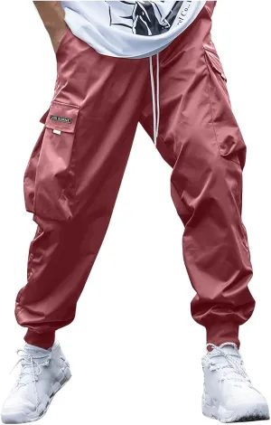 Men's Causal Cargo Pants Solid Color Multi Pockets Straight Trousers Loose Fit Hiking Joggers Hip Hop Streetwear