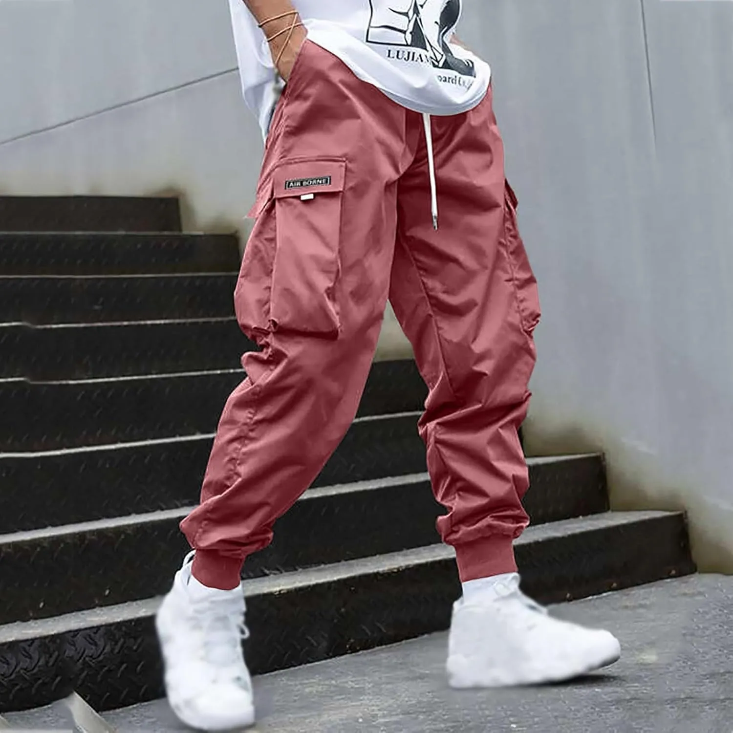 Men's Causal Cargo Pants Solid Color Multi Pockets Straight Trousers Loose Fit Hiking Joggers Hip Hop Streetwear