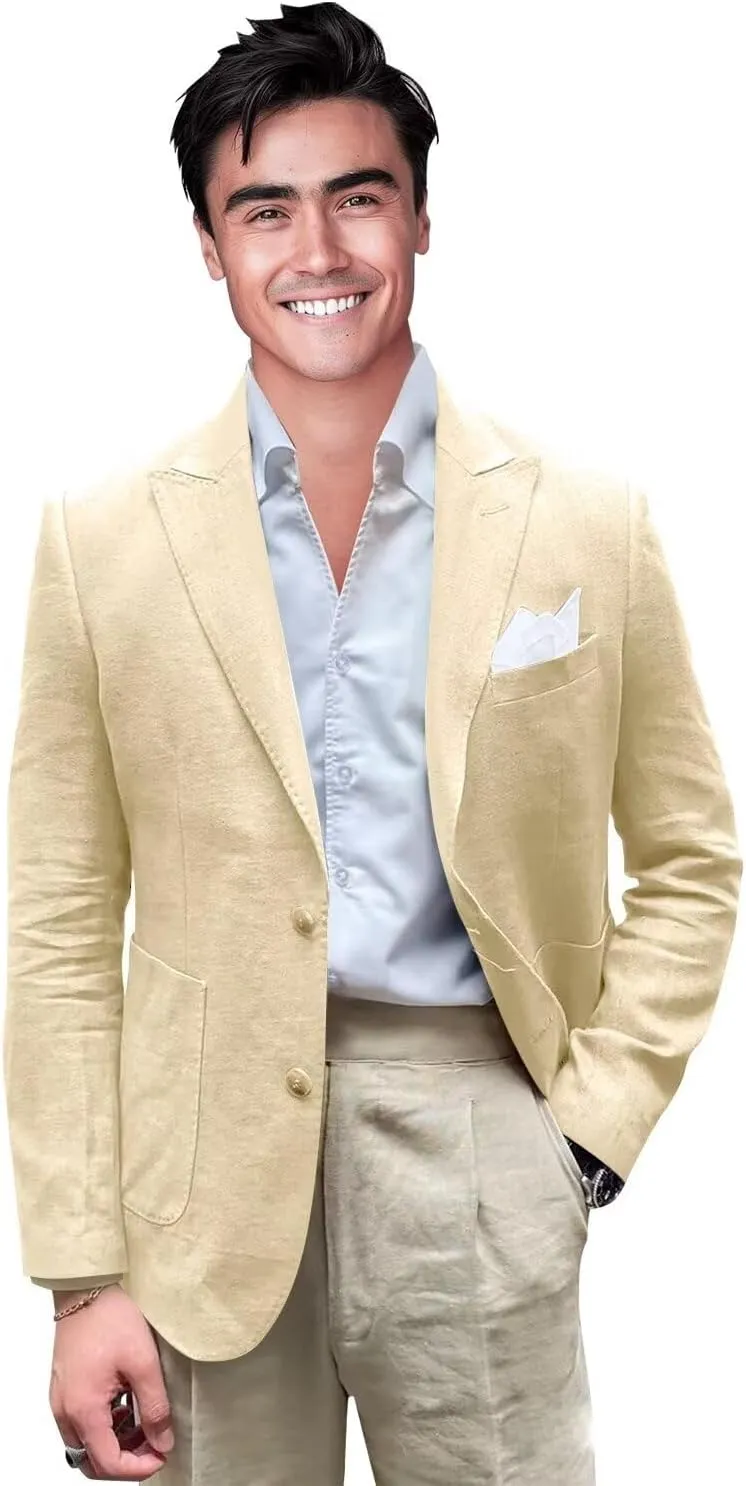 Men's Cotton Linen Casual Blazer Jackets Regular Fit Suit Jacket Lightweight Business Sport Coats