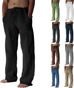 Men's Cotton Linen Drawstring Pants High-Waisted Loose Fit Wide Leg Trousers Breathable Casual Wear with Drawstrings