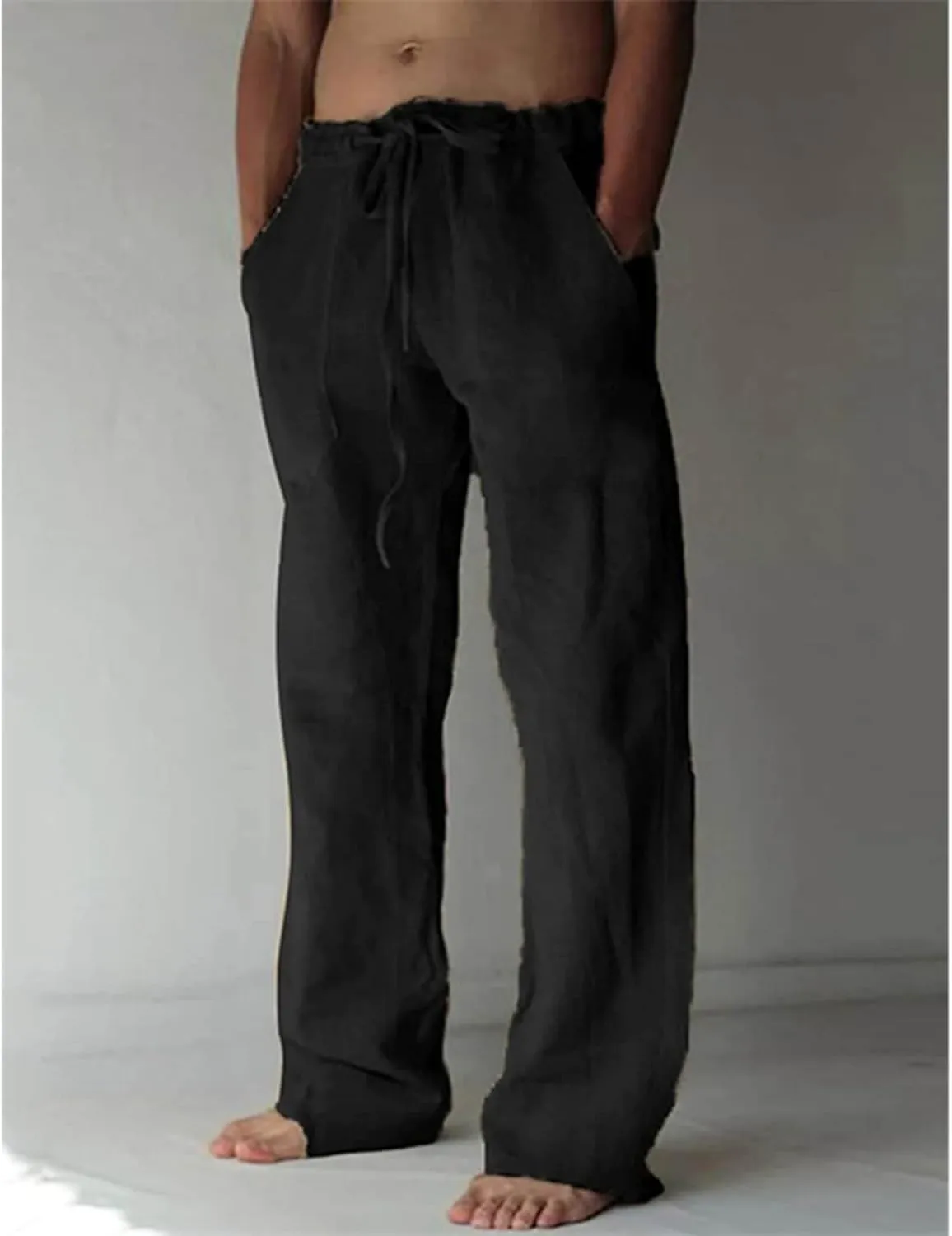 Men's Cotton Linen Drawstring Pants High-Waisted Loose Fit Wide Leg Trousers Breathable Casual Wear with Drawstrings