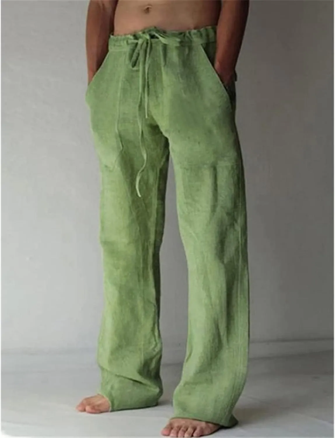 Men's Cotton Linen Drawstring Pants High-Waisted Loose Fit Wide Leg Trousers Breathable Casual Wear with Drawstrings