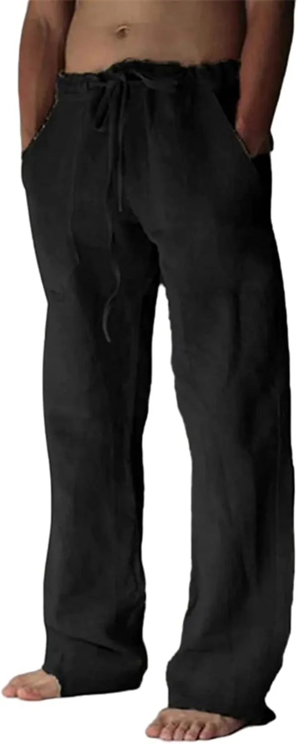 Men's Cotton Linen Drawstring Pants High-Waisted Loose Fit Wide Leg Trousers Breathable Casual Wear with Drawstrings