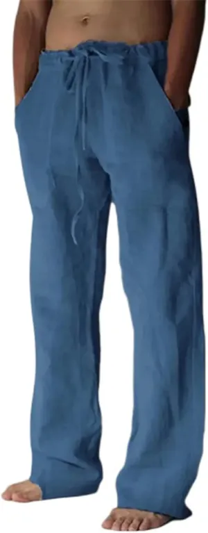 Men's Cotton Linen Drawstring Pants High-Waisted Loose Fit Wide Leg Trousers Breathable Casual Wear with Drawstrings