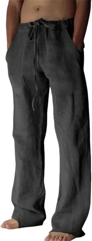 Men's Cotton Linen Drawstring Pants High-Waisted Loose Fit Wide Leg Trousers Breathable Casual Wear with Drawstrings