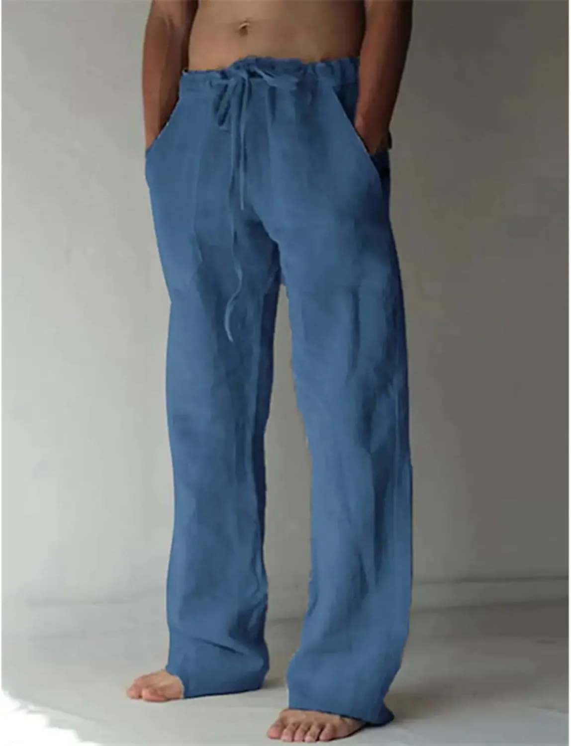 Men's Cotton Linen Drawstring Pants High-Waisted Loose Fit Wide Leg Trousers Breathable Casual Wear with Drawstrings