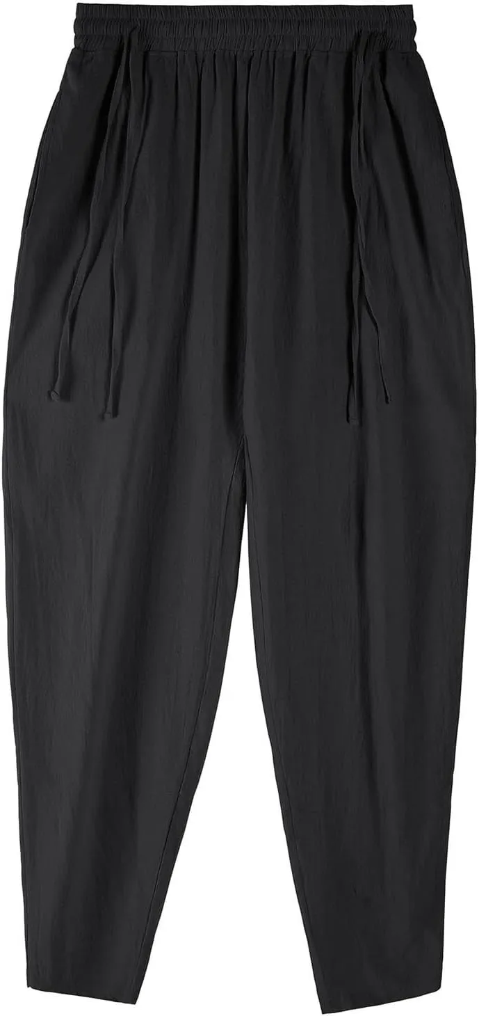 Mens Cotton Linen Straight Pants Fashion Lantern Pant Drawstring Lightweight Going Out Trousers Solid Casual Clothing